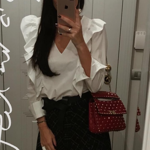 SALE!! Zara V neck frilled ruffle poplin top - Picture 1 of 6